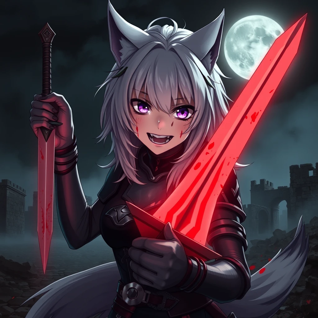 Anime girl with fangs and medium white hair, wolf ears, and a tail, with purple eyes and an evil grin, and blood on her face, holding a sword in her right hand. The sword is glowing light red and covered in blood. The girl is wearing armor. Old ruins can be seen in the background. It is dark and foggy, and there is a full moon in the sky. Dramatic, dynamic, cinematic.