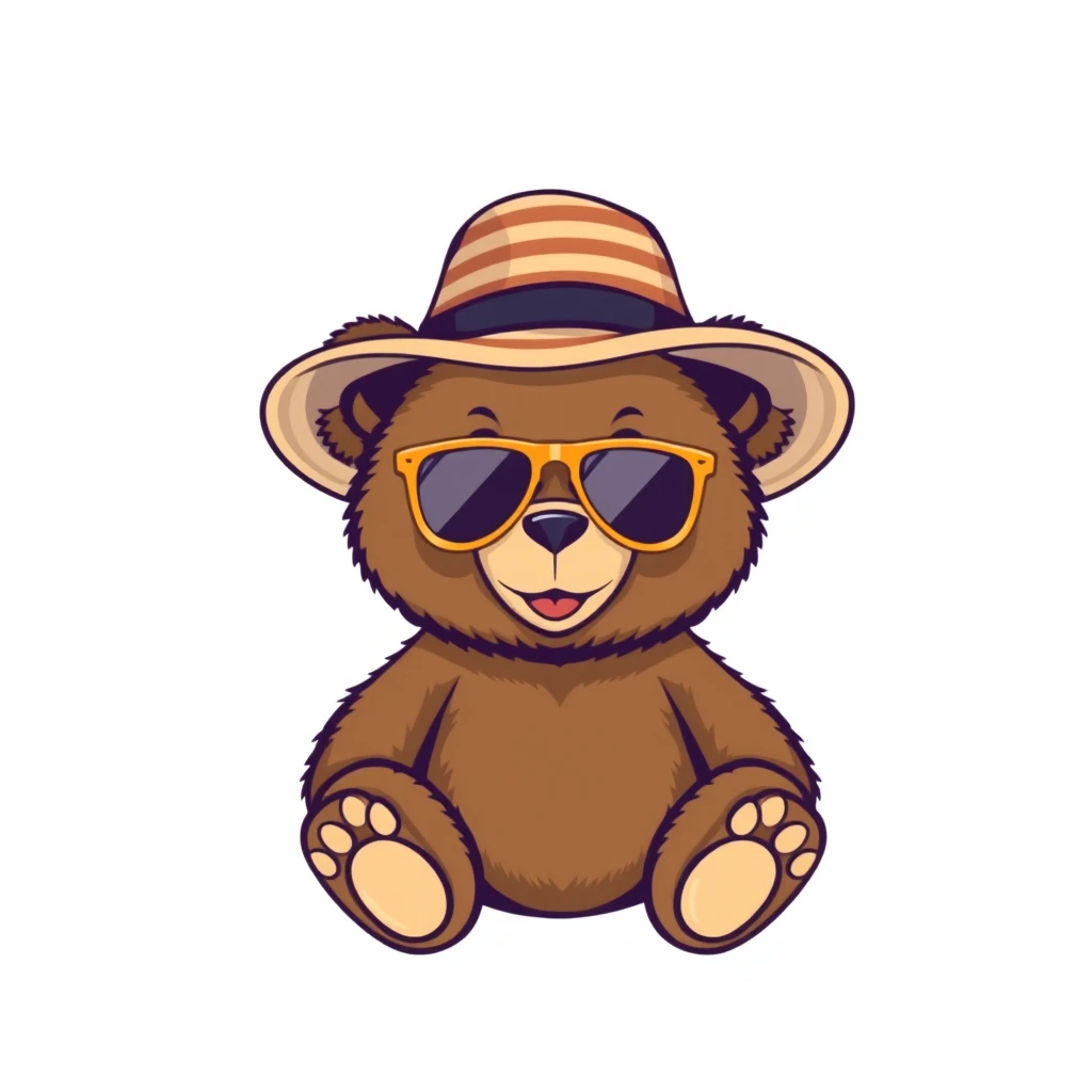 teddy bear wearing sunglass and wearing a big stripe hat, flat 2d, vector, white background, enclosed in a circle, professional tshirt design vector