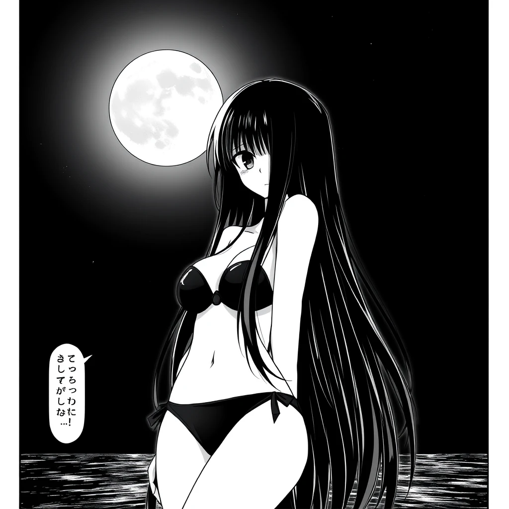 Girl with long, black hair in a black bikini. In the background, a black sky with a big, bright moon. Manga, grayscale. SFW.