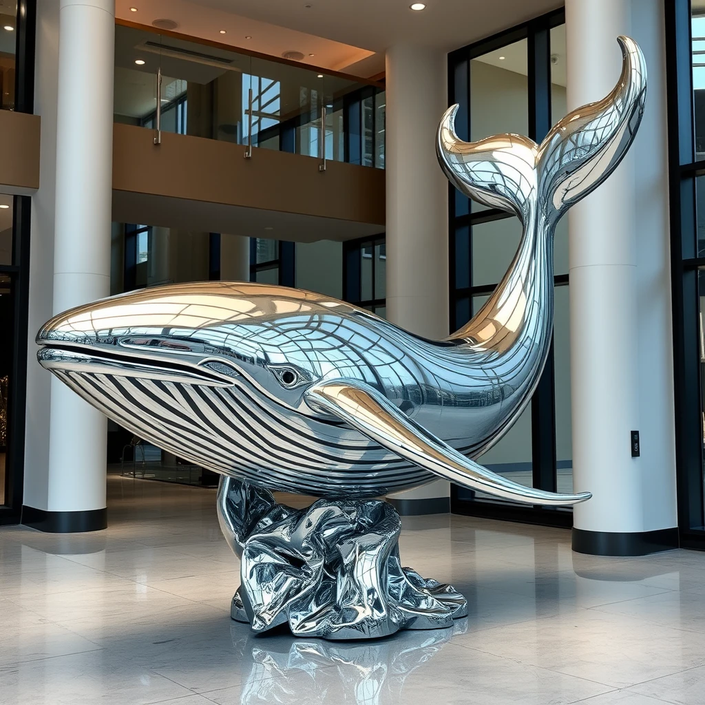 A beautiful abstract whale sculpture made of shiny metallic material indoors. - Image