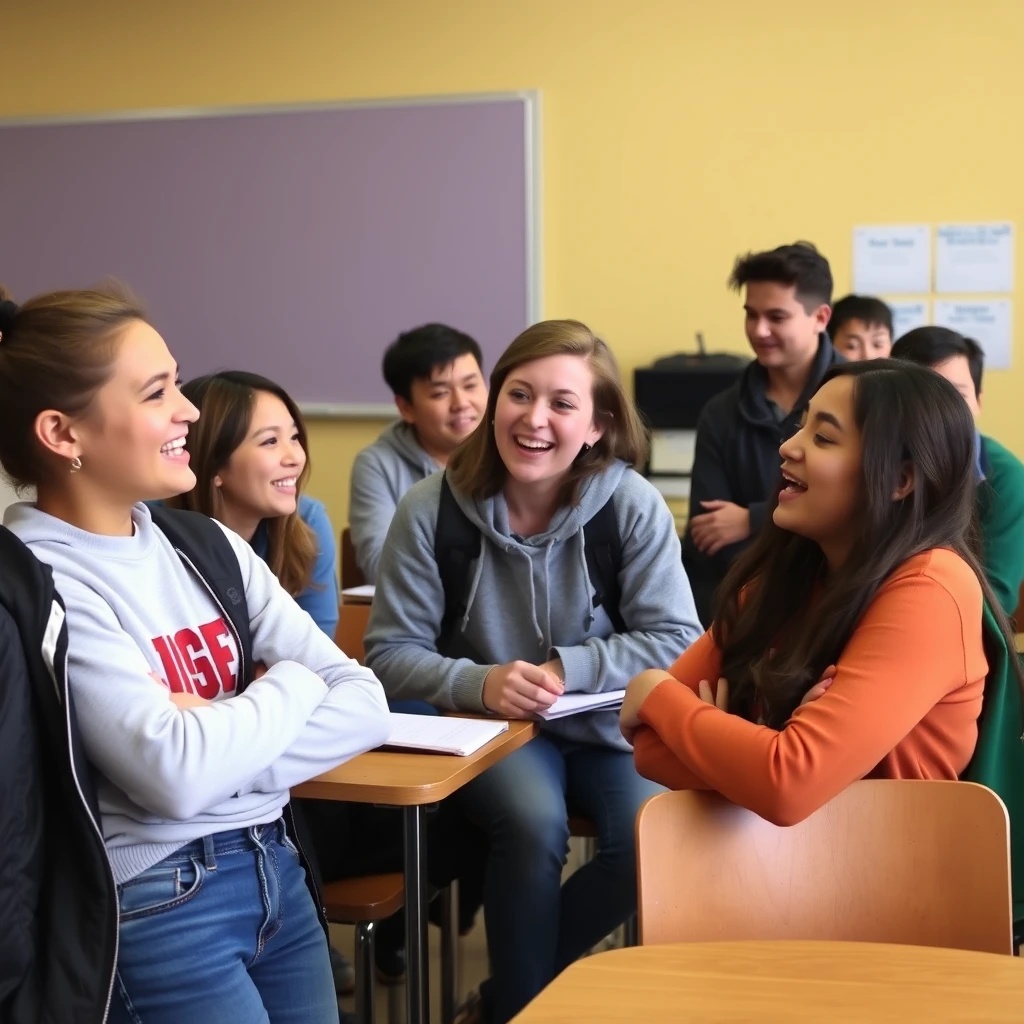 In the classroom, during the break, some students are chatting and laughing.