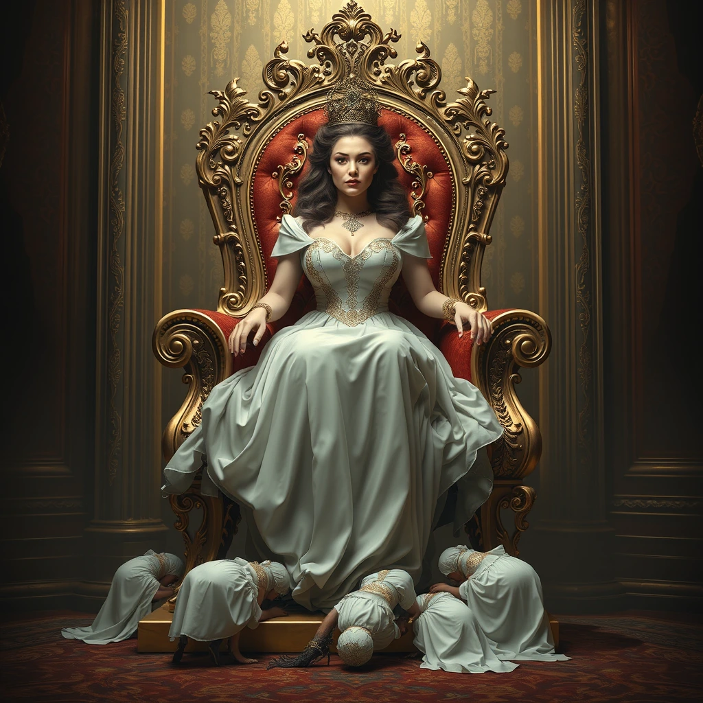 "The beautifully voluptuous queen sits on a luxurious and exquisite throne, lifted by four maidservants crawling underneath."