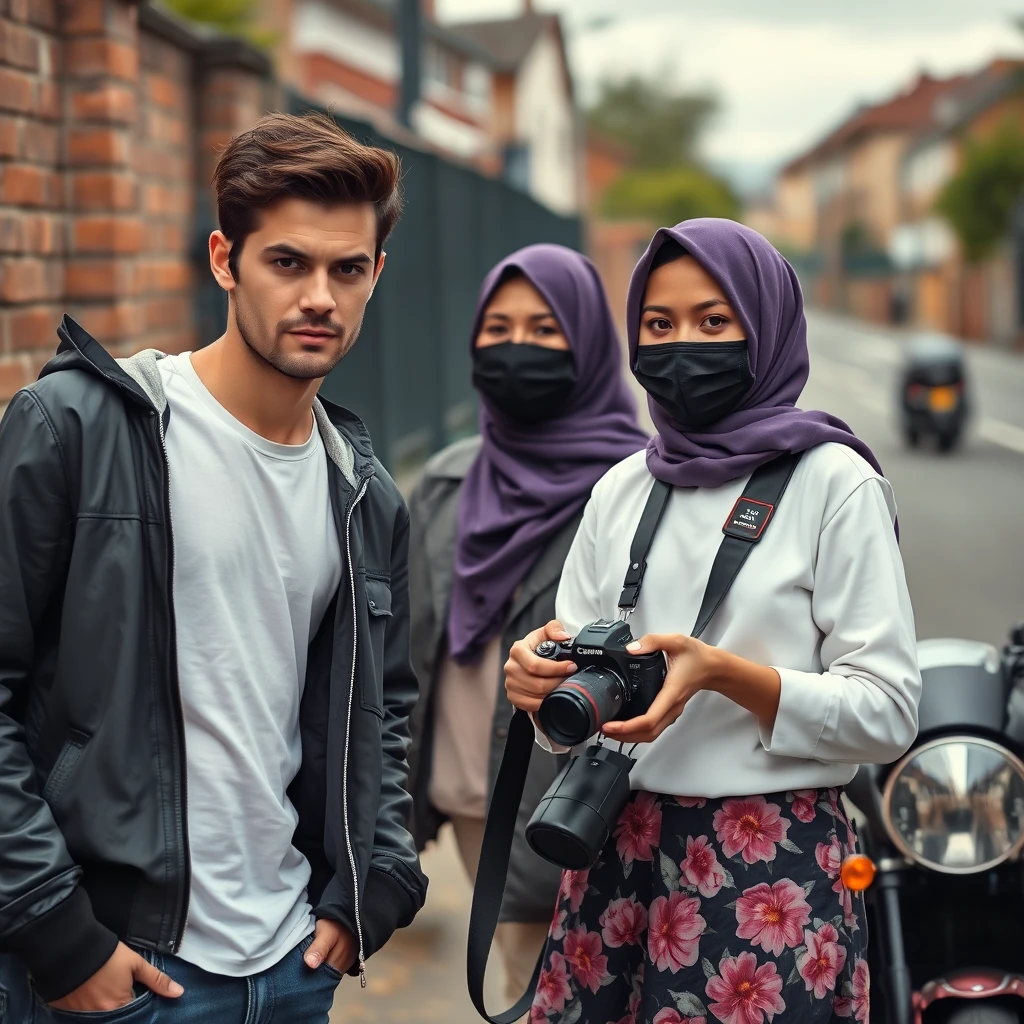 Jamie Dornan and Freddie Prinze, head and body shot, handsome, young, serious face, dark brown hair, white T-shirt, college jacket, skinny jeans, sneakers, standing, discussing with two guys and a short purple hijab Muslim girl, beautiful eyes, black face mask, black leather jacket, biggest floral skirt, holding a Canon DSLR camera, near a town road, superbike, hyper-realistic, street photography, brick wall, full body photo. - Image