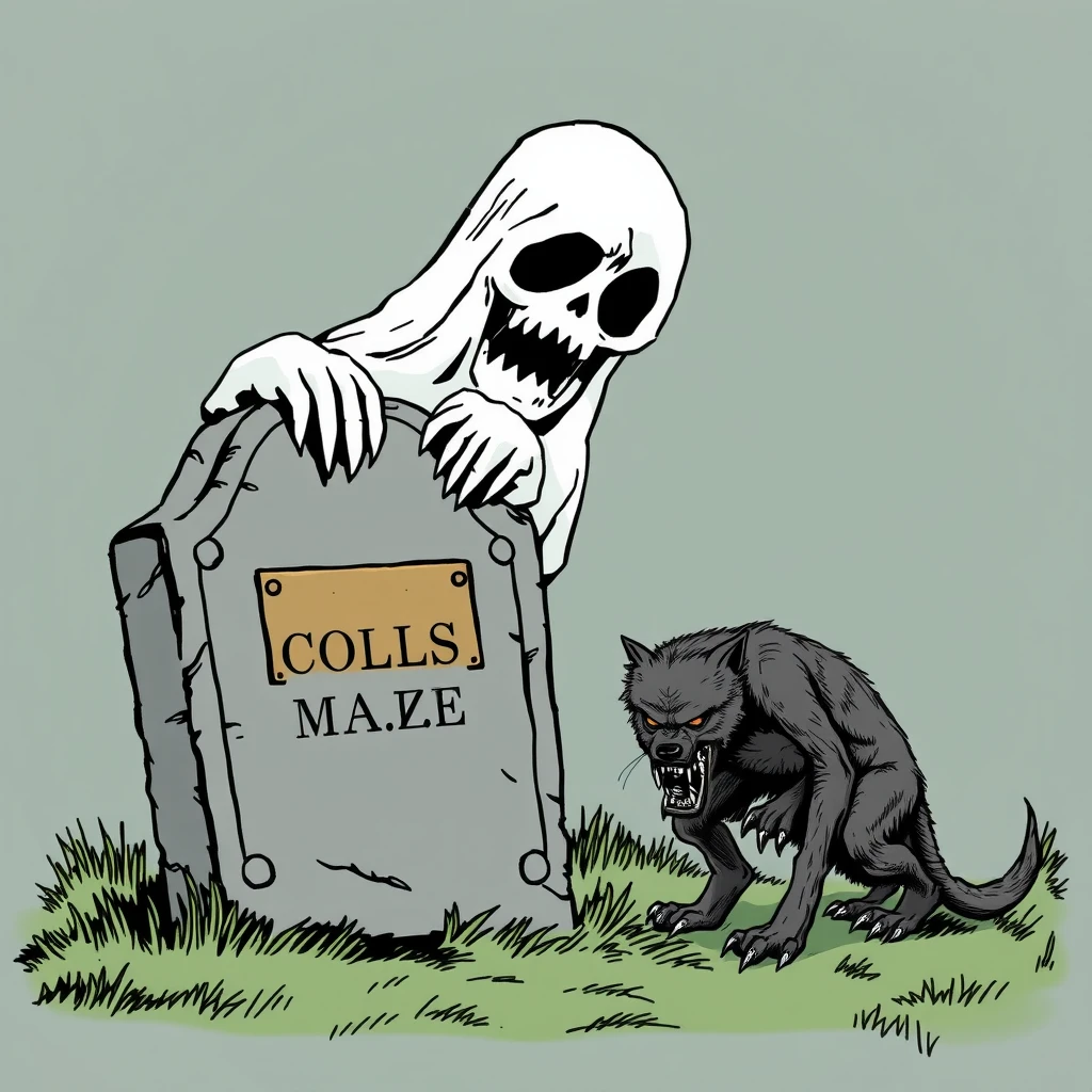 Graphic Novel: A ghost on its gravestone with a brass plaque shrugs its shoulders, in front of it a hunched werewolf is crying.