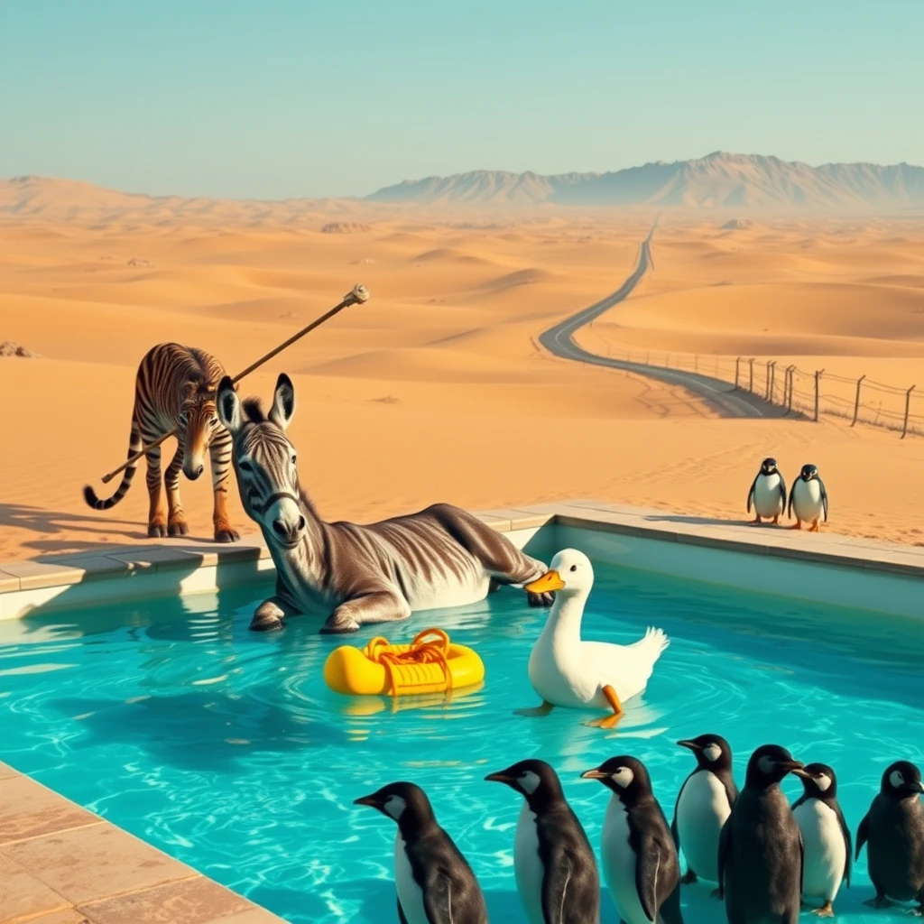 In an endless desert, a donkey and a duck are very cozy lying in a clear swimming pool. Two tigers with halberds stand around the pool as guards. Not far from the swimming pool, there is an endless road, where a few penguins are heavily burdened. The duck and donkey are mocking the penguins. - Image