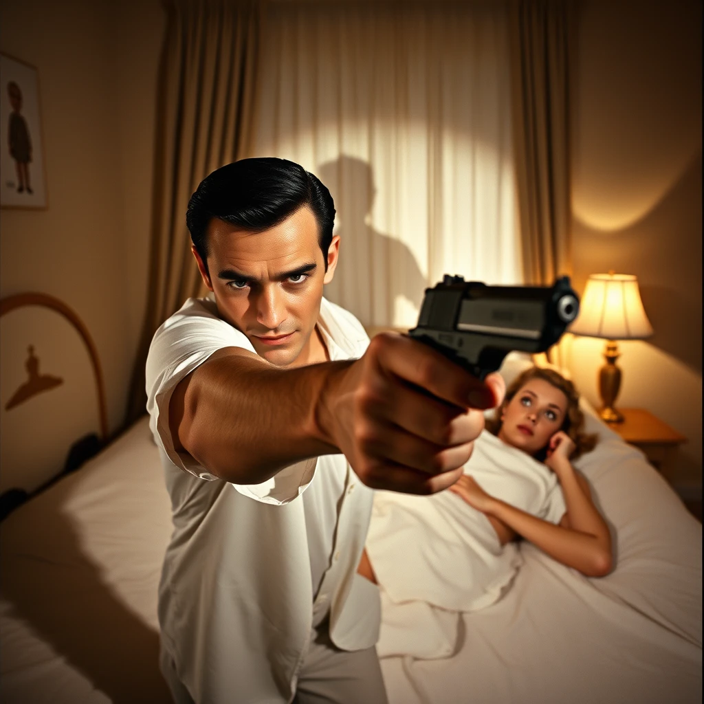 Film Noir shot of a handsome narrow-faced 1940s actor man with dark slicked-back hair wearing an open white shirt aiming a pistol at the viewer, behind him a pretty 1940s actress woman with an afraid face lying on a bed covered by nothing but white bedsheets, a shadow of a man's figure on the wall, 1940s bedroom background, curtains and a table lamp in view, amazing perspective, great lighting.