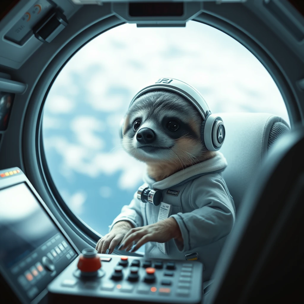 A cute and tiny sloth captain inside the Space Shuttle's control cockpit.