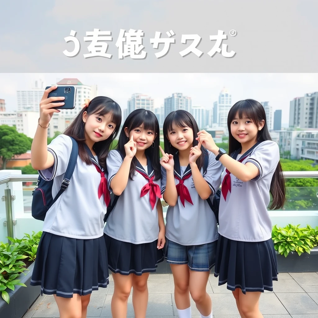 Poster: Four girls in school uniforms stand in a cute pose in a rooftop park, filming a YouTube video on their smartphones. - Image