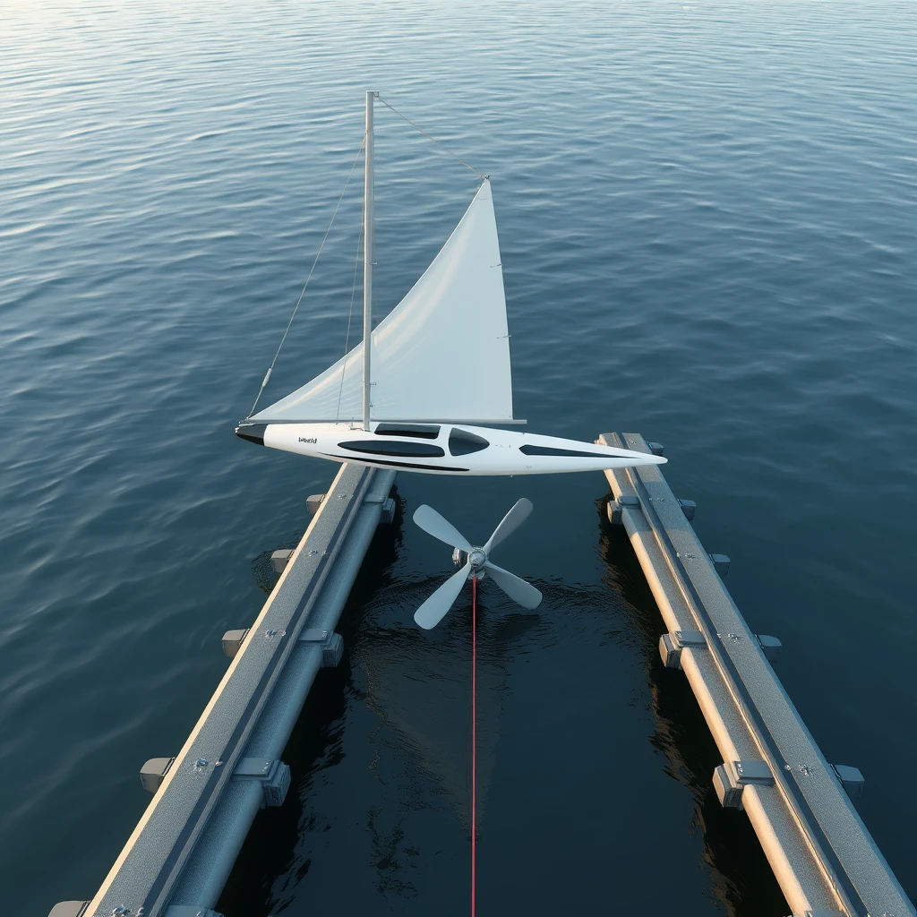 A text image of the following text: "two rails floating just above the water surface with a gap in the middle. A modern pod is gliding on these rails using its huge sail mounted on top. A propeller is towed underwater by the pod in between these rails using magnets."