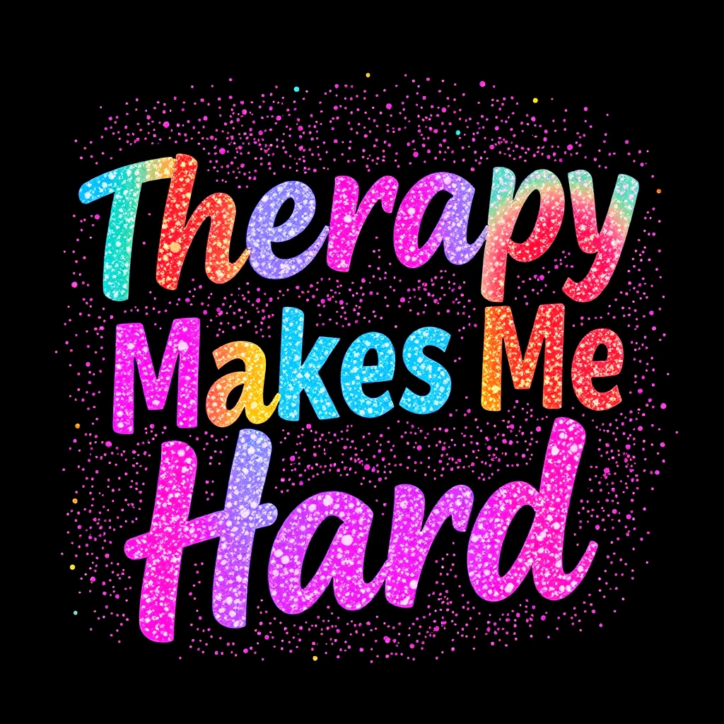 T-shirt design of fantastic vibrant glittery with an iridescent effect but ethereal text that says "Therapy Makes Me Hard" with each word a different vibrant color. - Image