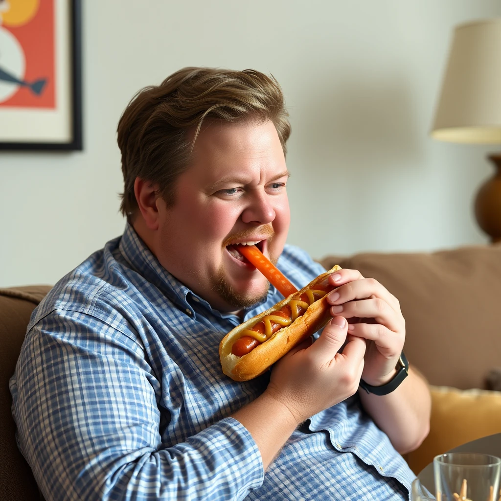 JD Vance eating a hotdog while sitting on a couch.