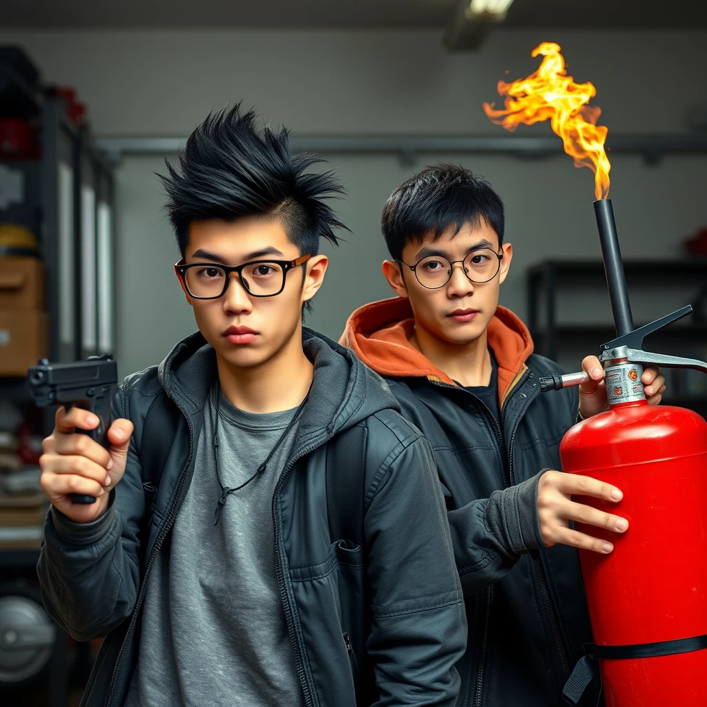 21-year-old Caucasian male from Northern China with a long, thin face and square chin, wearing square glasses and having a long black mullet hairstyle, holding a pistol; 21-year-old Caucasian Italian male wearing round glasses and with short hair, holding a very large fire extinguisher that resembles a flamethrower; set in a garage; both appear angry.