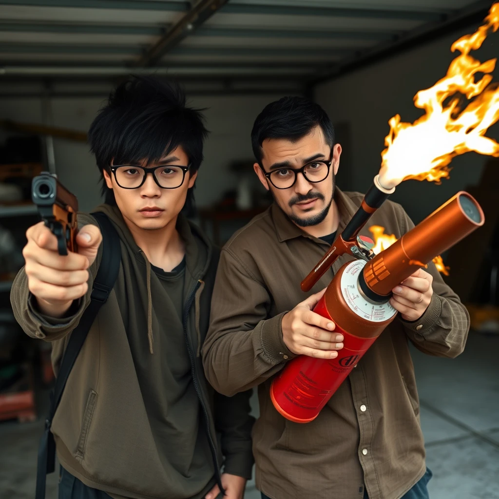 2 person setting, "21 year old northern Chinese thin long face man wearing square glasses, mid/long black mullet hair, holding pistol" and "21 year old white Italian man wearing round glasses, short hair, holding very large fire extinguisher flamethrower", garage setting, both angry. - Image