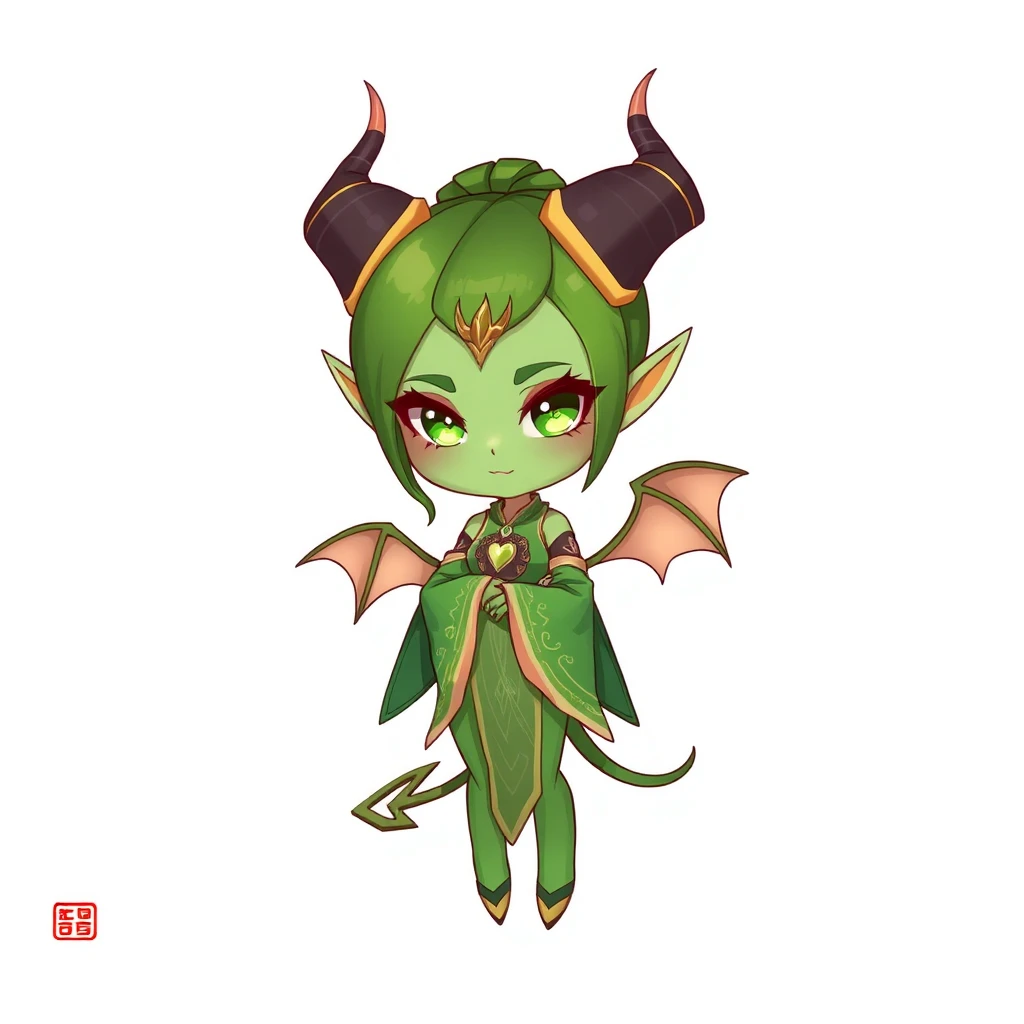 "A glamorous Oriental female demon, dressed in green, in a two-dimensional, chibi style, full-body image." - Image