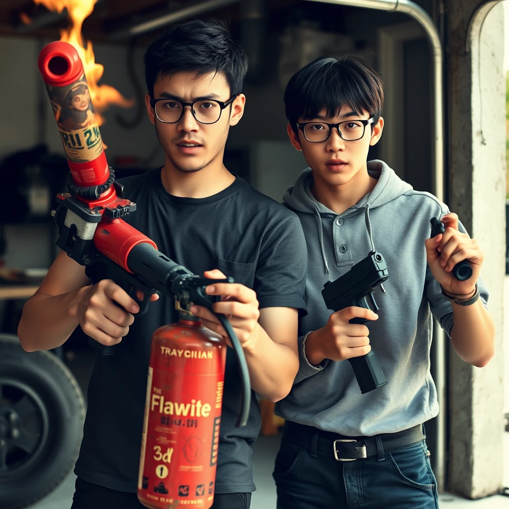 21-year-old very fair-skinned Italian man, wearing round glasses, short black hair, holding a very large fire extinguisher flamethrower. And a 21-year-old Northern Chinese man, with a long thin face, wearing square glasses, mid/long black fringe, holding a Glock. Both are angry; with murderous intent, in a garage setting.