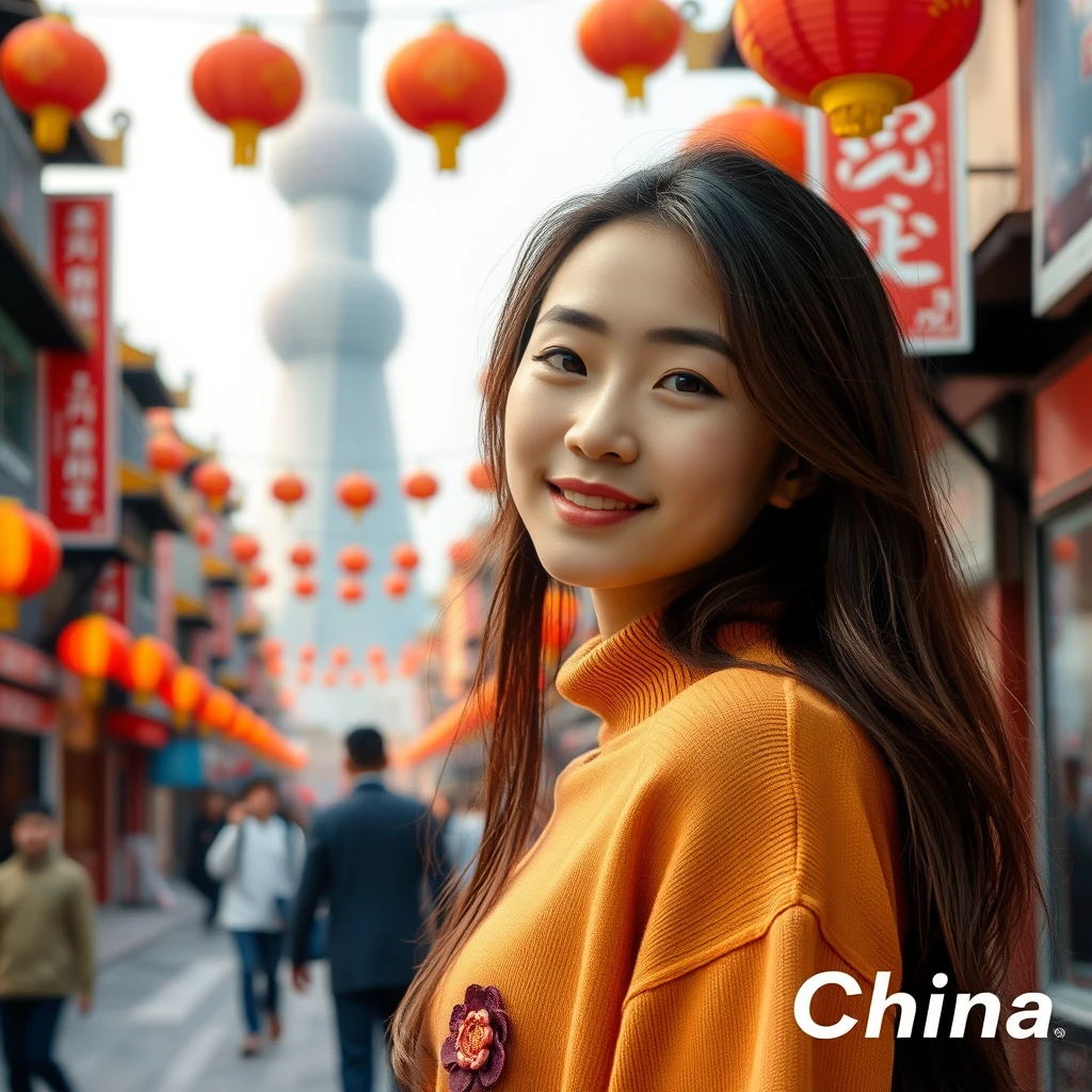 A pretty Asian girl, standing in a Chinese city, with the word "China" in the right corner.