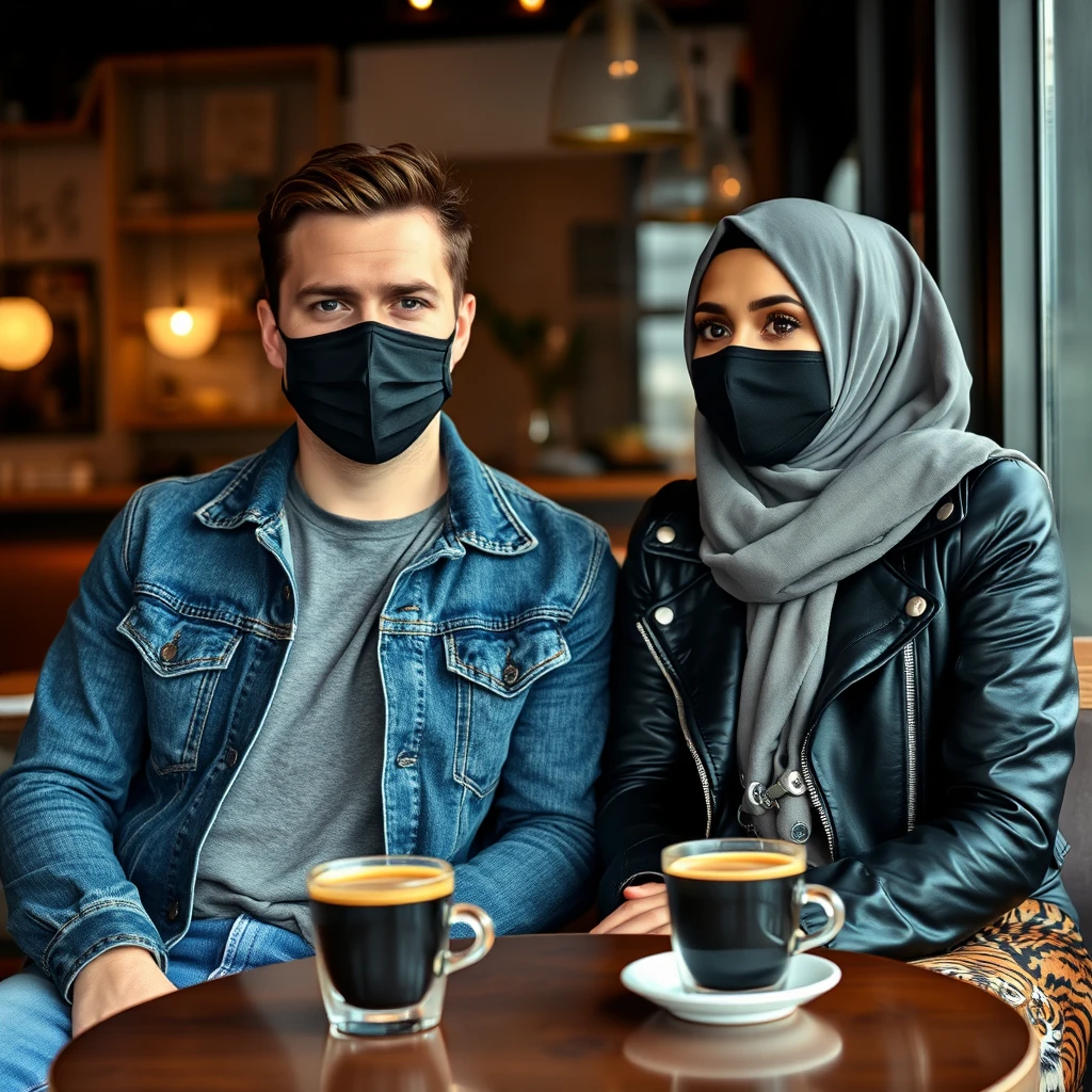 Jamie Dornan's head and body shot, handsome, black face mask, blue jeans jacket, jeans, dating with a Muslim girl in a grey hijab, beautiful eyes, black face mask, black leather jacket, largest tiger pattern skirt, at a cafe, two cups of espresso on a table, photorealistic.