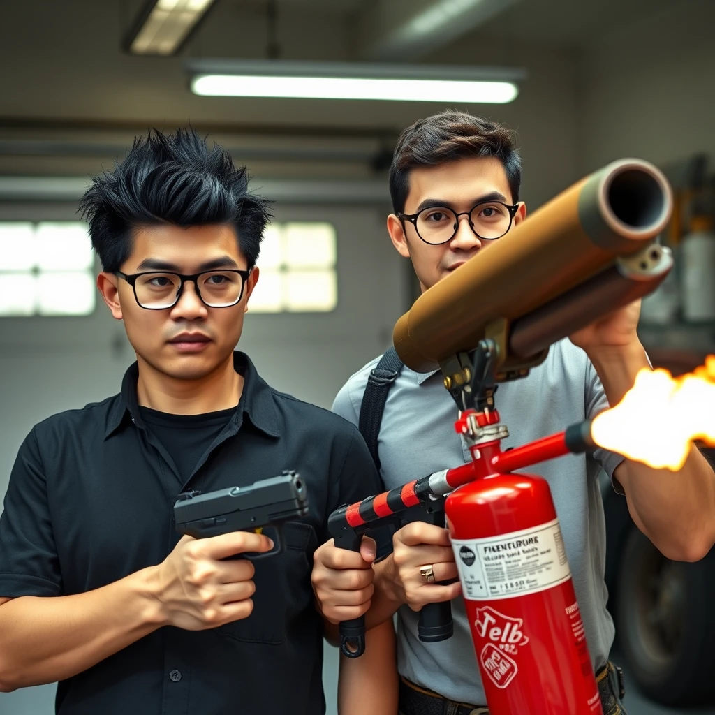 21-year-old white Chinese man wearing square glasses, long black mullet, holding a pistol; 21-year-old white Italian man wearing round glasses, short hair, holding a very large fire extinguisher flamethrower, garage setting.