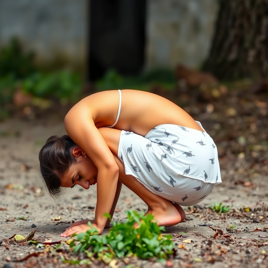 The female is squatting on the ground to urinate. - Image