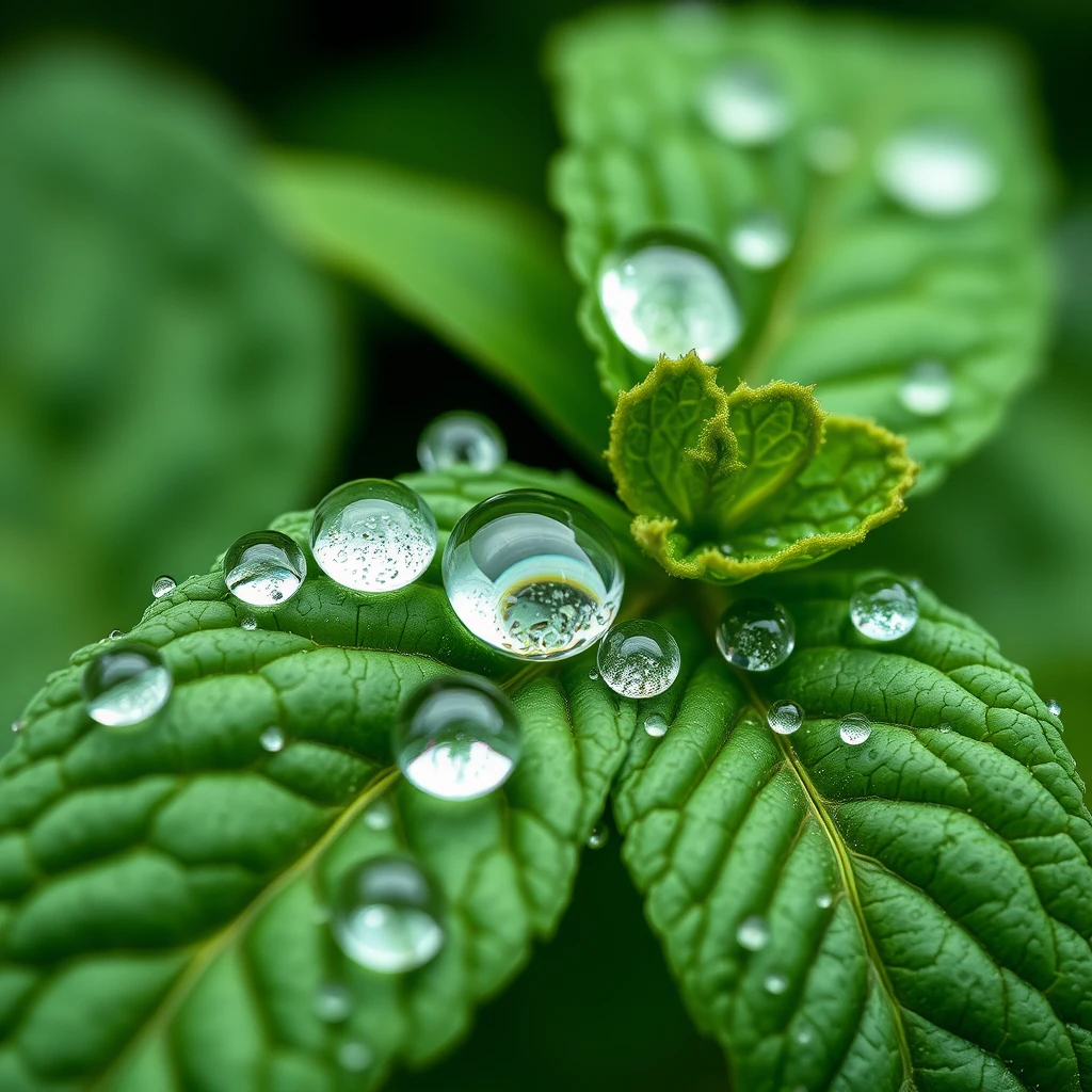 Water droplets on peppermint leaf, macro photography, detailed, high resolution, professional.