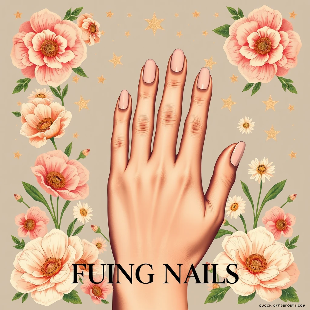 A hand with nude nail art, photographed in real life, surrounded by flowers and stars, poster design, Gucci poster design style, text information: FUING NAILS - Image