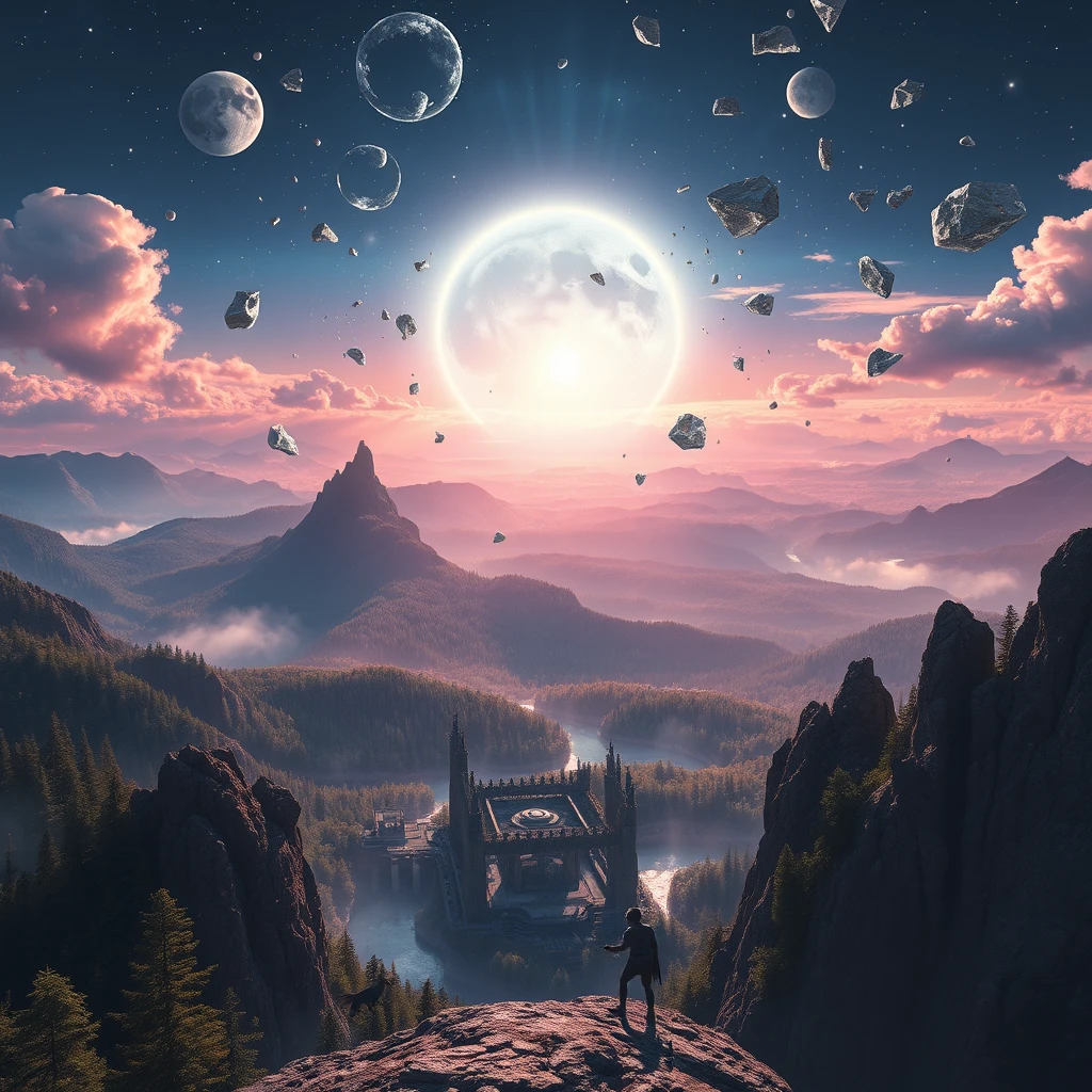 A breathtaking view from the top of a mountain overlooking a vast fantasy landscape. In the sky, a dramatic celestial collision between a bright white sun and the moon is taking place. Shards of the bright white sun and chunks of the moon are scattered across the sky, creating an eternal twilight. The landscape below features lush forests, sparkling rivers, and ancient ruins bathed in the soft, mixed light of the sun and moon fragments. The scene is filled with a magical and ethereal atmosphere, with mystical creatures and vibrant colors adding to the fantastical setting.