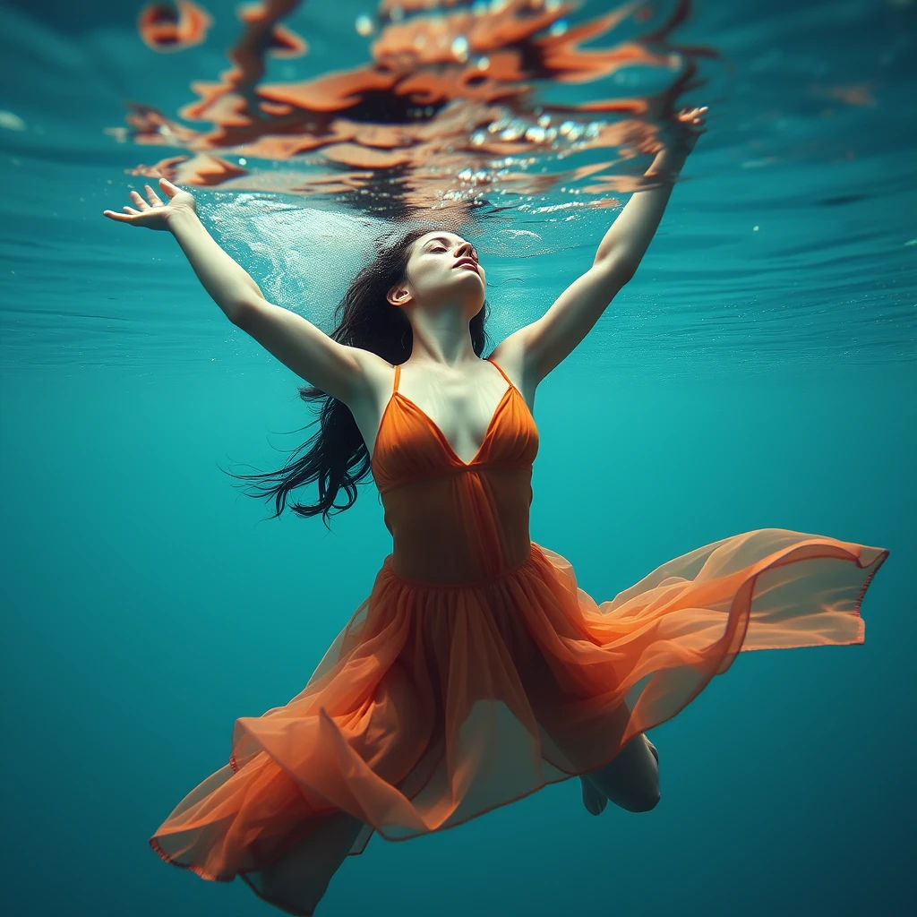 A symbolic portrait: A young woman dancing underwater. - Image