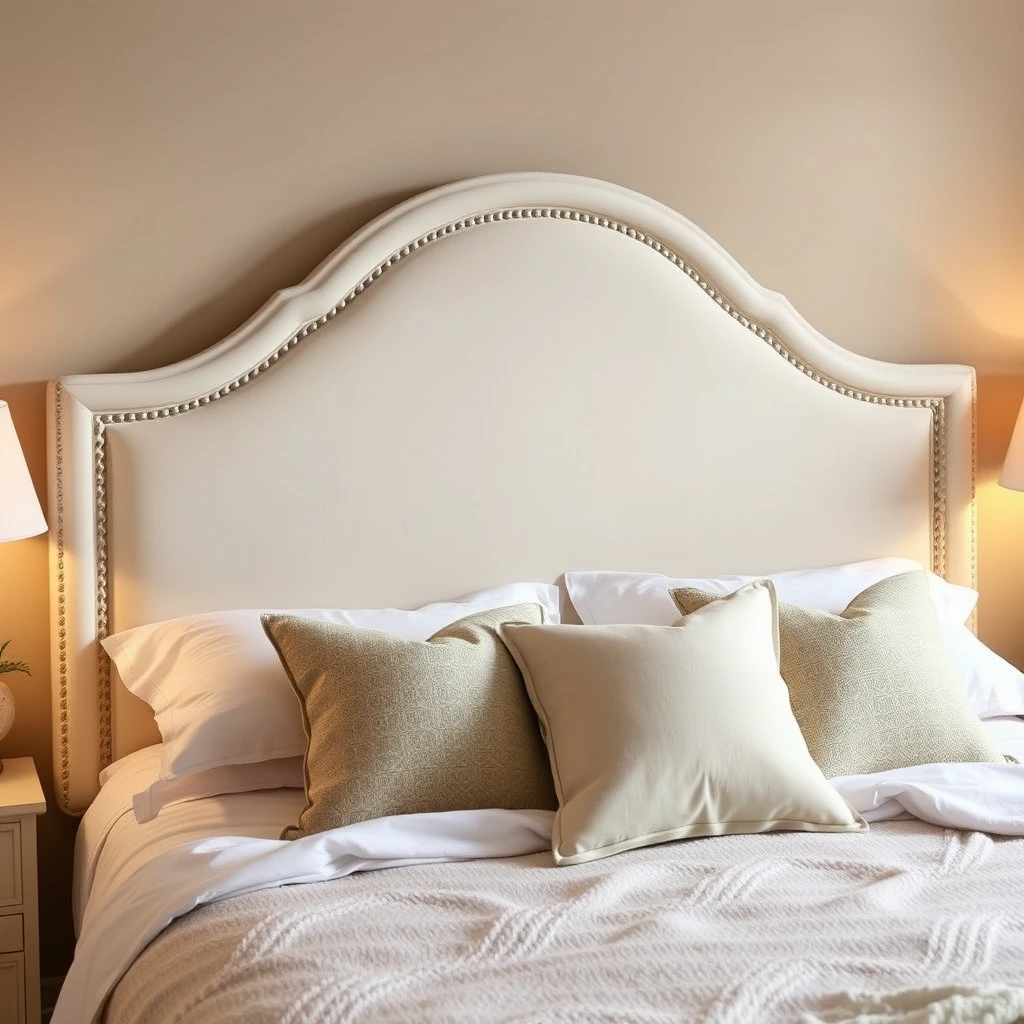 A cream-style headboard, the scene is warm and cozy, and there should be no pillows or blankets on the bed.