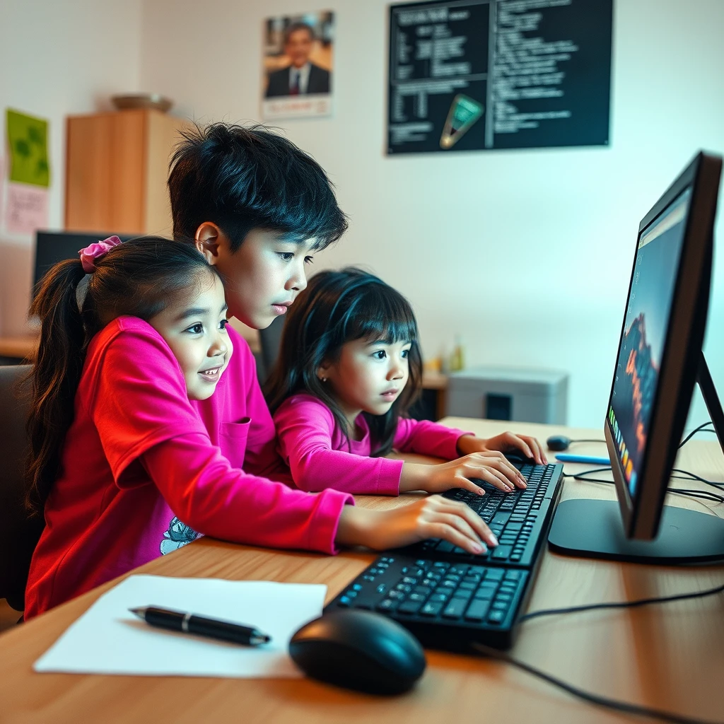 boy and girl，at computer study
 - Image