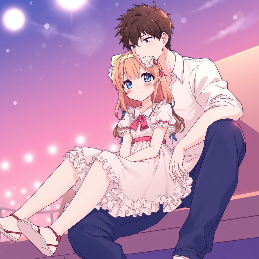 A young girl in a cute dress sitting with her boyfriend, anime lineart. - Image