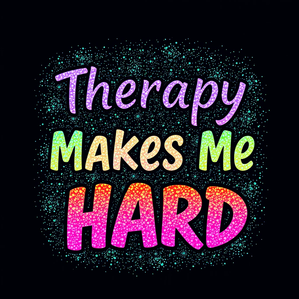 T-shirt design of fantastic vibrant glittery with an iridescent effect but ethereal text that says "Therapy Makes Me Hard" with each word a different vibrant color. - Image