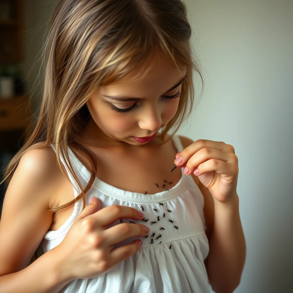 Beautiful French girl picking ants from her stomach. - Image