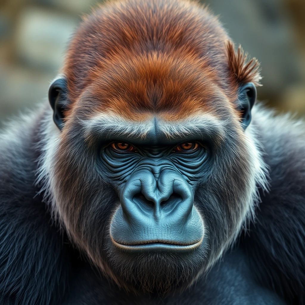 "gorilla with a serious face, close-up with bangs as if it were a human hairstyle and shaved on the side."