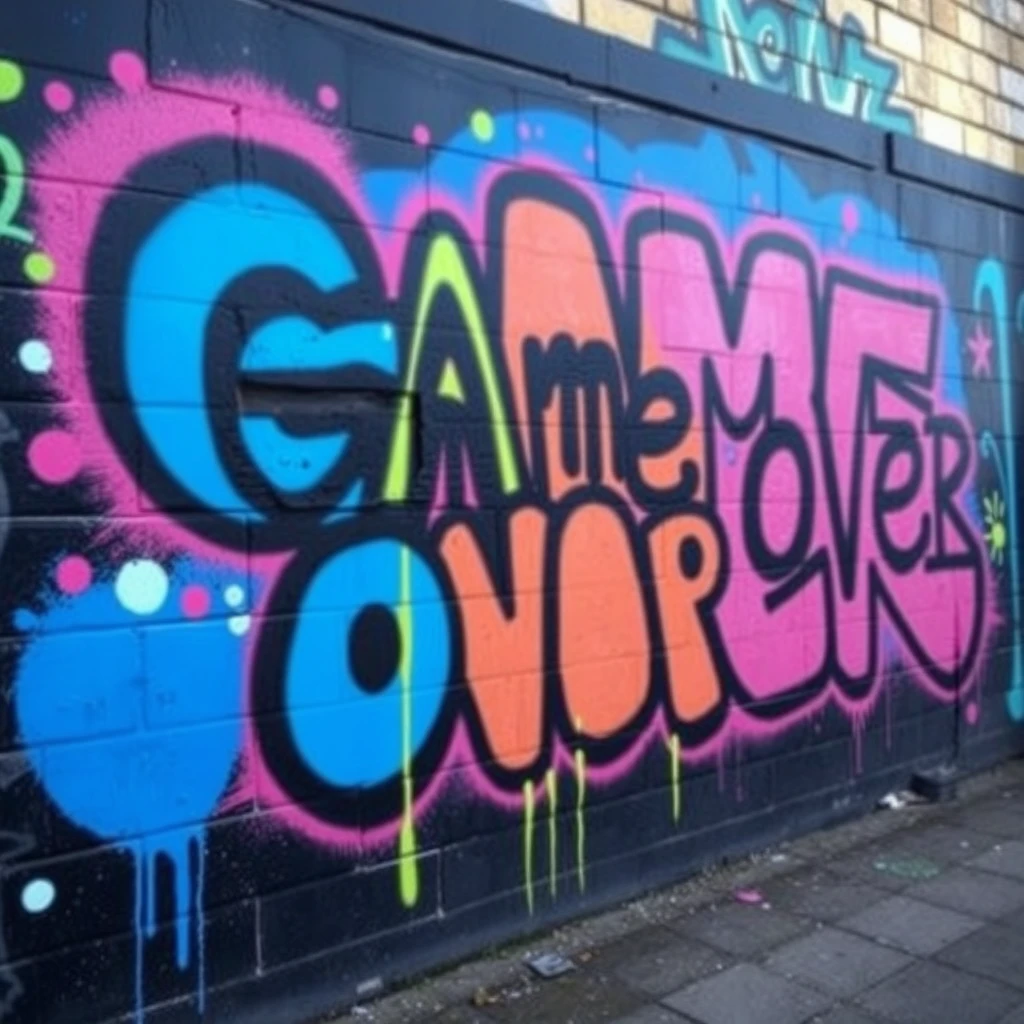 Photo of vibrant wall covered in dark graffiti "Game Over". Probably taken from a phone. - Image