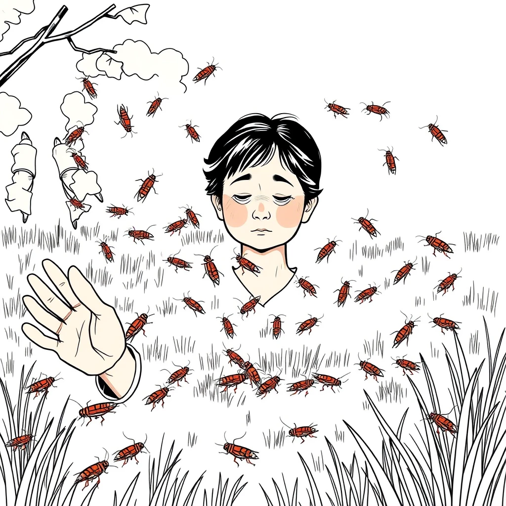 Lineart comic, a middle-aged Chinese woman released a lot of cockroaches on the grass.