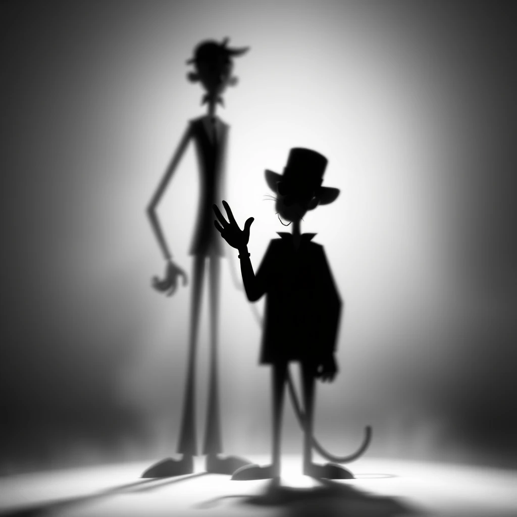 A backlit, shadowy, abstract, silhouette-like design printed on it. The design features two figures: one tall and slender, with indistinct features, appearing to be holding up one hand, and the other shorter and rounder with a hat, also holding up a hand that looks similar to the Pink Panther and Inspector Clouseau. The figures are blurry and have a surreal, ghostly appearance, as if seen through fog or mist, with the background fading from light gray at the top to darker gray at the bottom. A png background. - Image