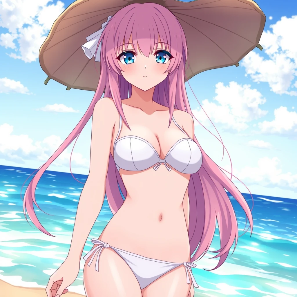 A girl with long pink hair and blue eyes wearing a white bikini at the beach, anime style.