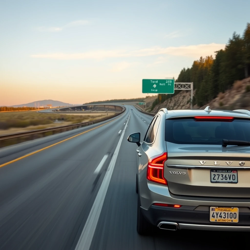 A Volvo is speeding along an endless American interstate highway.