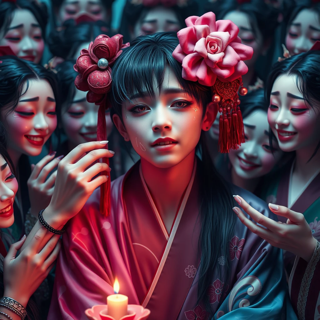 A girly young man is forced to crossdress as an oiran; he is streaming tears and sobbing, surrounded by many smiling oirans who are applying makeup on him, and the boy is turning into an oiran by magic. - Image