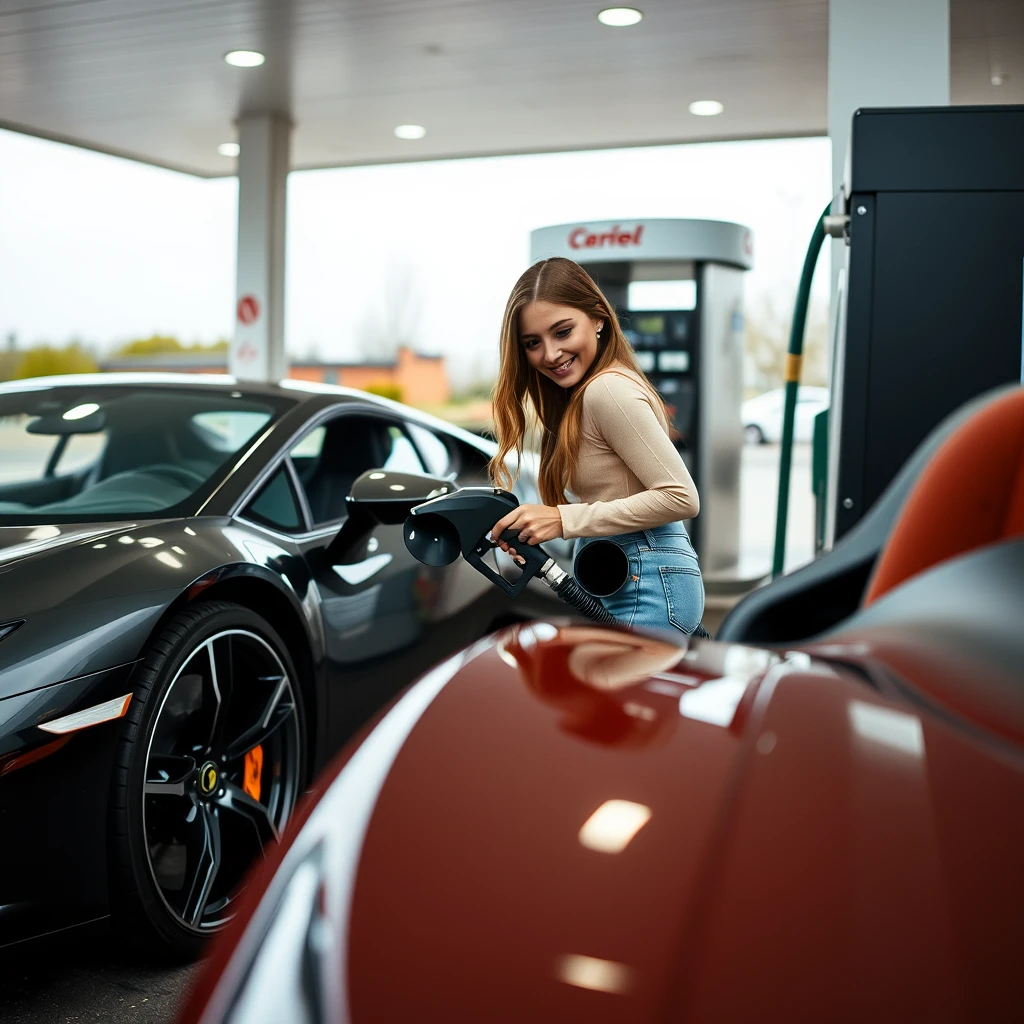 Young woman filling up an expensive sports car at the petrol station. - Image