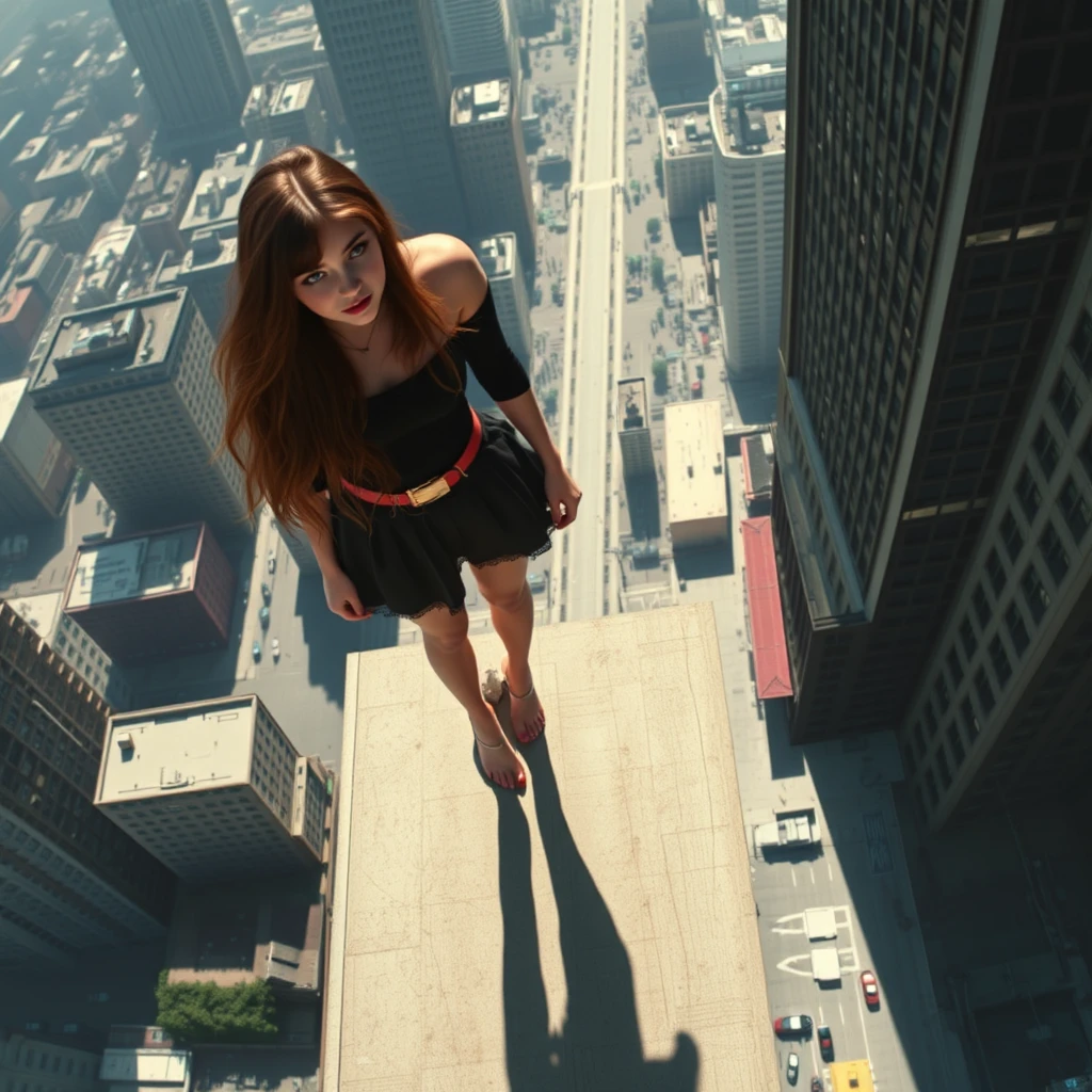 aerial view, giant stunning goth teen girl standing barefoot in city, realistic shadow - Image