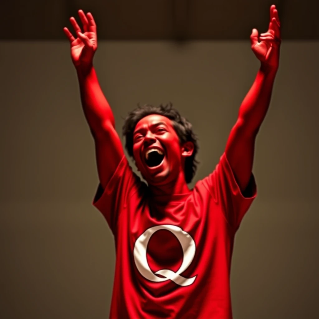 In the envisioned scene, a character with striking red skin is portrayed in a moment of exuberance, both hands raised high above the head. The character's shirt is adorned with a bold "Q" logo, which stands out as a central design element, capturing attention. The pose conveys a sense of celebration, victory, or a call to action. The background is kept minimal to keep the focus on the character's dynamic gesture and the "Q" logo. The lighting enhances the vivid red of the skin and the contrast of the logo on the shirt, creating a visually compelling image.