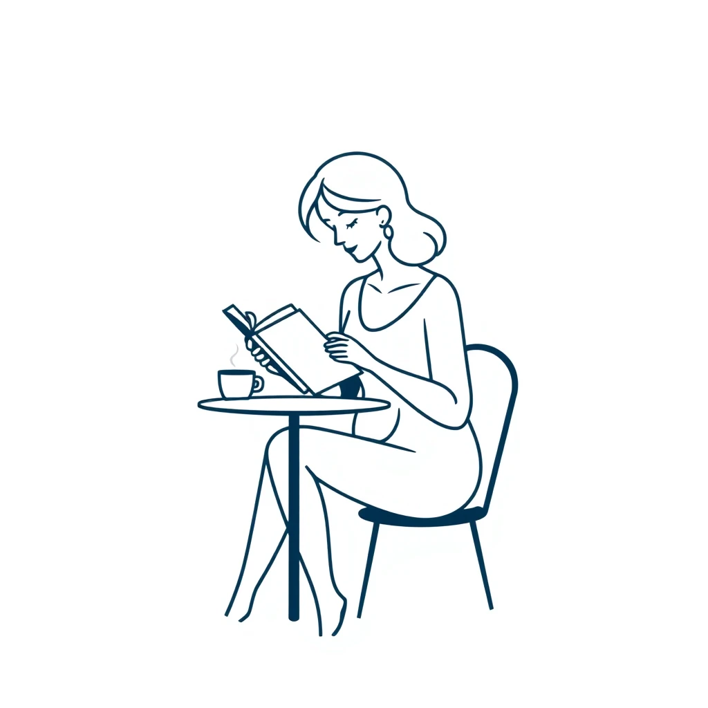 Minimal logo of a woman reading a book in a cafe, simple lines and shapes, focusing on a relaxed and peaceful atmosphere, with the woman seated at a small round table, holding a book, and a coffee cup beside her.