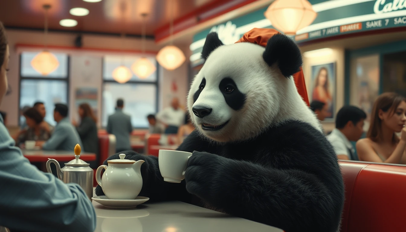 Panda at a busy 1950s diner drinking tea, waitress, highly detailed, photorealistic, 35mm lens.