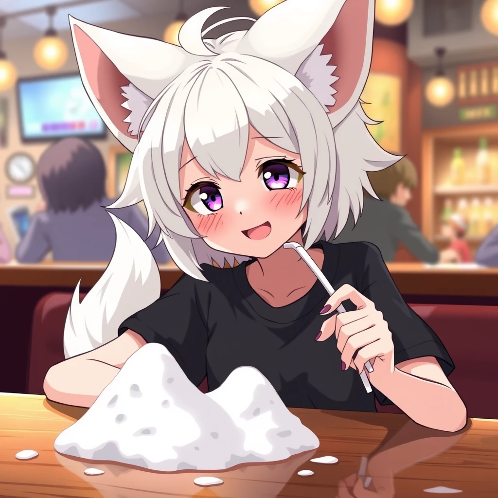 Cute teen anime girl with fluffy fennec ears and a fluffy tail, white messy medium hair, purple eyes, wearing a black t-shirt, sitting at a table in a bar. On the table is one tiny mountain of snow. The girl looks at the snow with a big crazy smile and has a straw in her right hand.