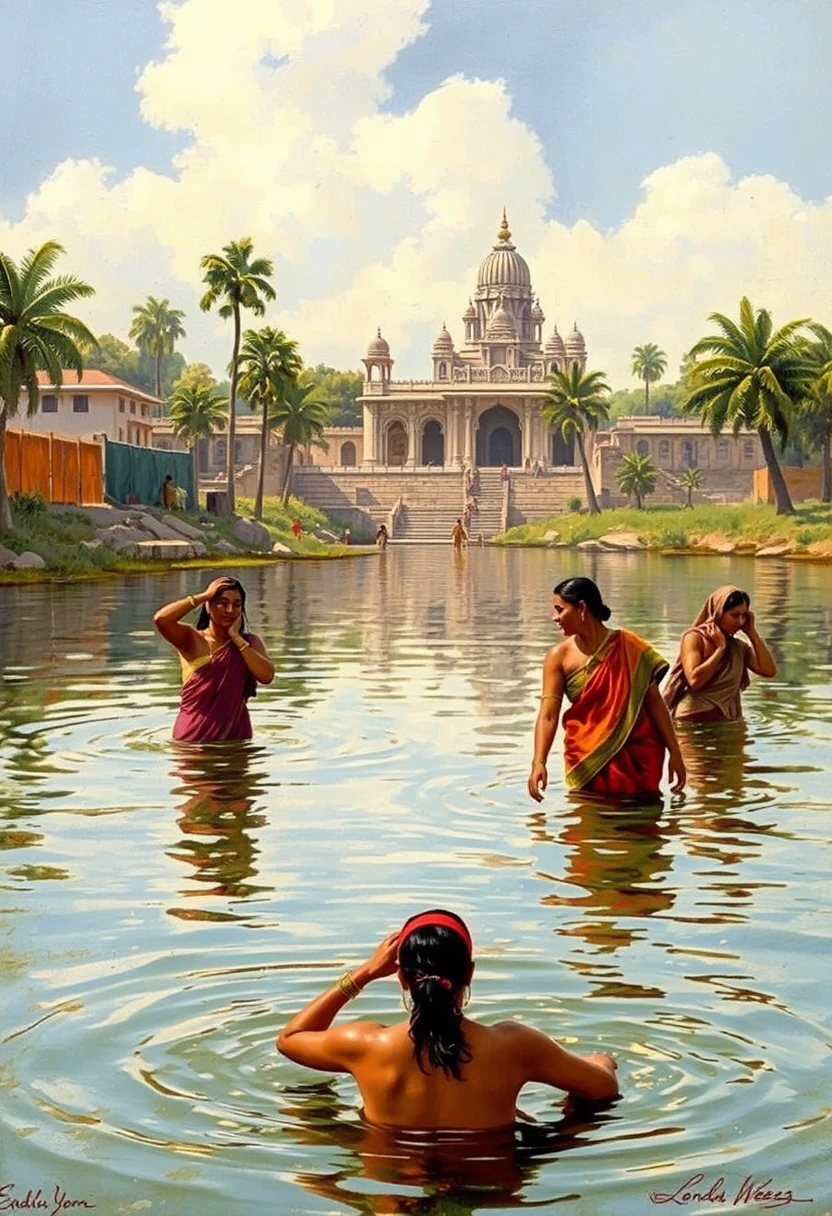 Group of Indian women bathing in a river with a temple in the background, Art by Edwin Lord Weeks.