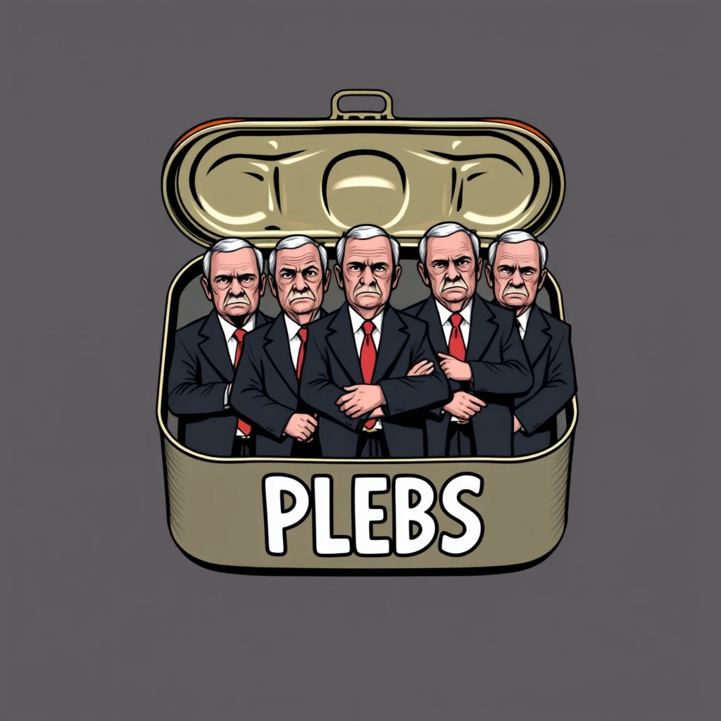 A playful t-shirt design featuring an open sardine can with a twist-off top, showcasing five wealthy older gentlemen standing shoulder to shoulder in business suits with scowls on their faces, accompanied by the text "PLEBS" underneath, viewed from the front.