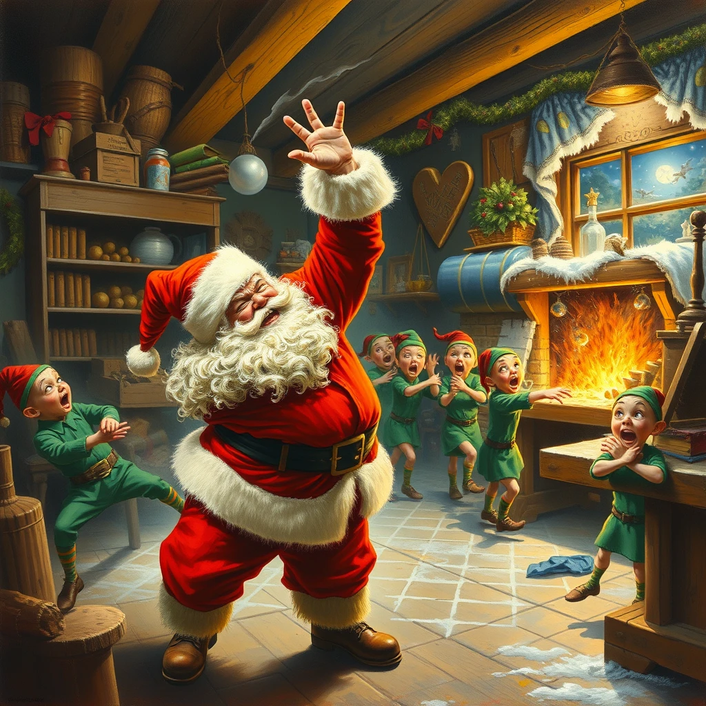 Santa is mad again and raging through the workshop, elves are running away in terror, a painting by Arthur Sarnoff.