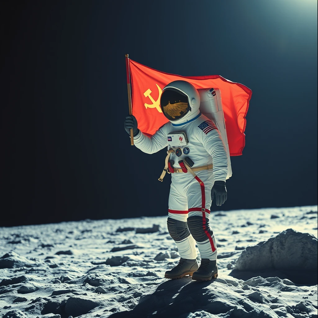 Cosmonaut holding a Soviet flag on the Moon - Image