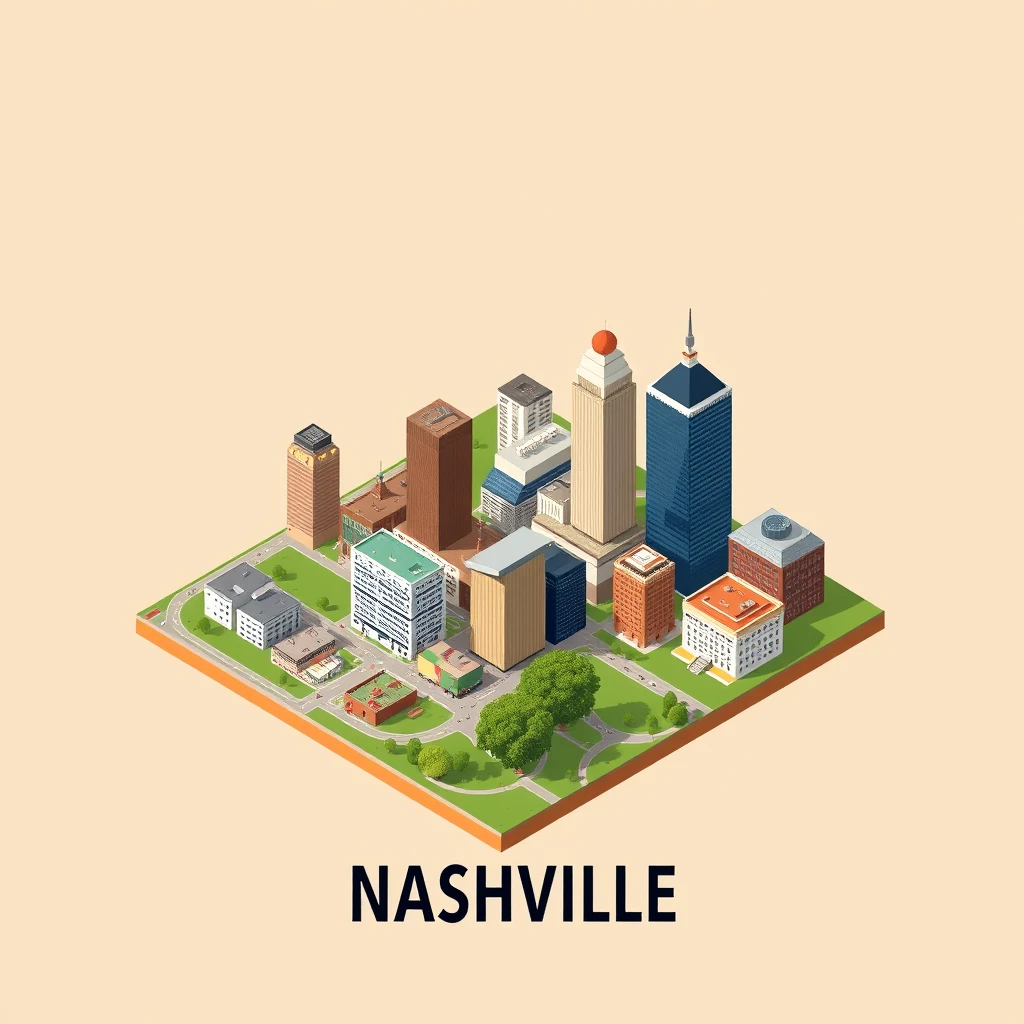 Modern wall art style isometric graphic of Nashville city. - Image